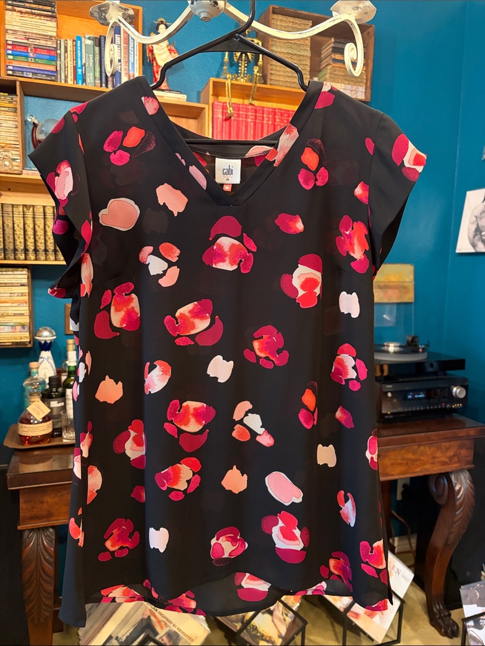 CAbi Petal Blouse (5523) V-Neck Cap Sleeve Blouse with Pink and Red Floral Spots